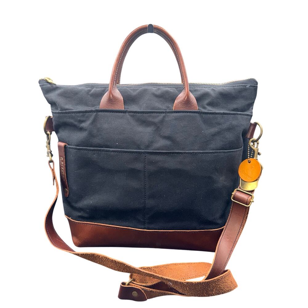 R Riveter American Handmade Black Canvas Brown Leather Crossbody Tote Bag